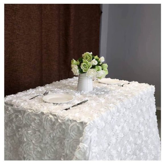 3D Floral White Rosette Tablecloth Rectangular 60 x102 Inches Floral Satin - Picture 1 of 5